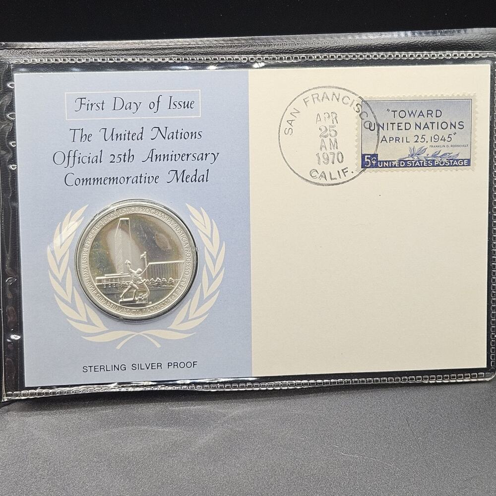 1970 Franklin Mint UN 25th Anniversary Sterling Silver Proof Medal FDC First Day